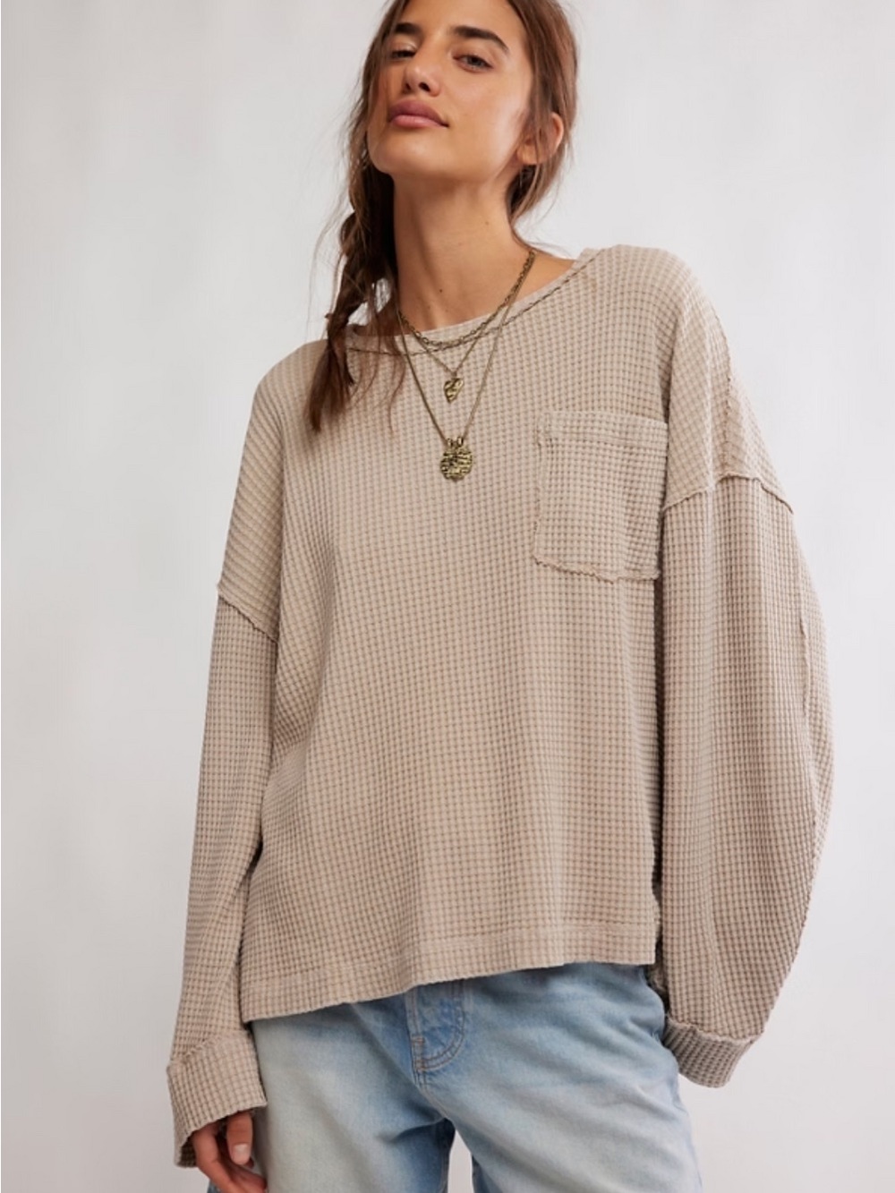 We the Free Waffle-Knit Pocket Pullover Top - Beige
